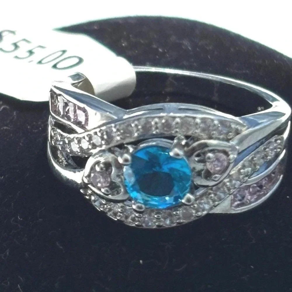Ring Sterling Silver Blue Pink CZ Heart Statement 7  New